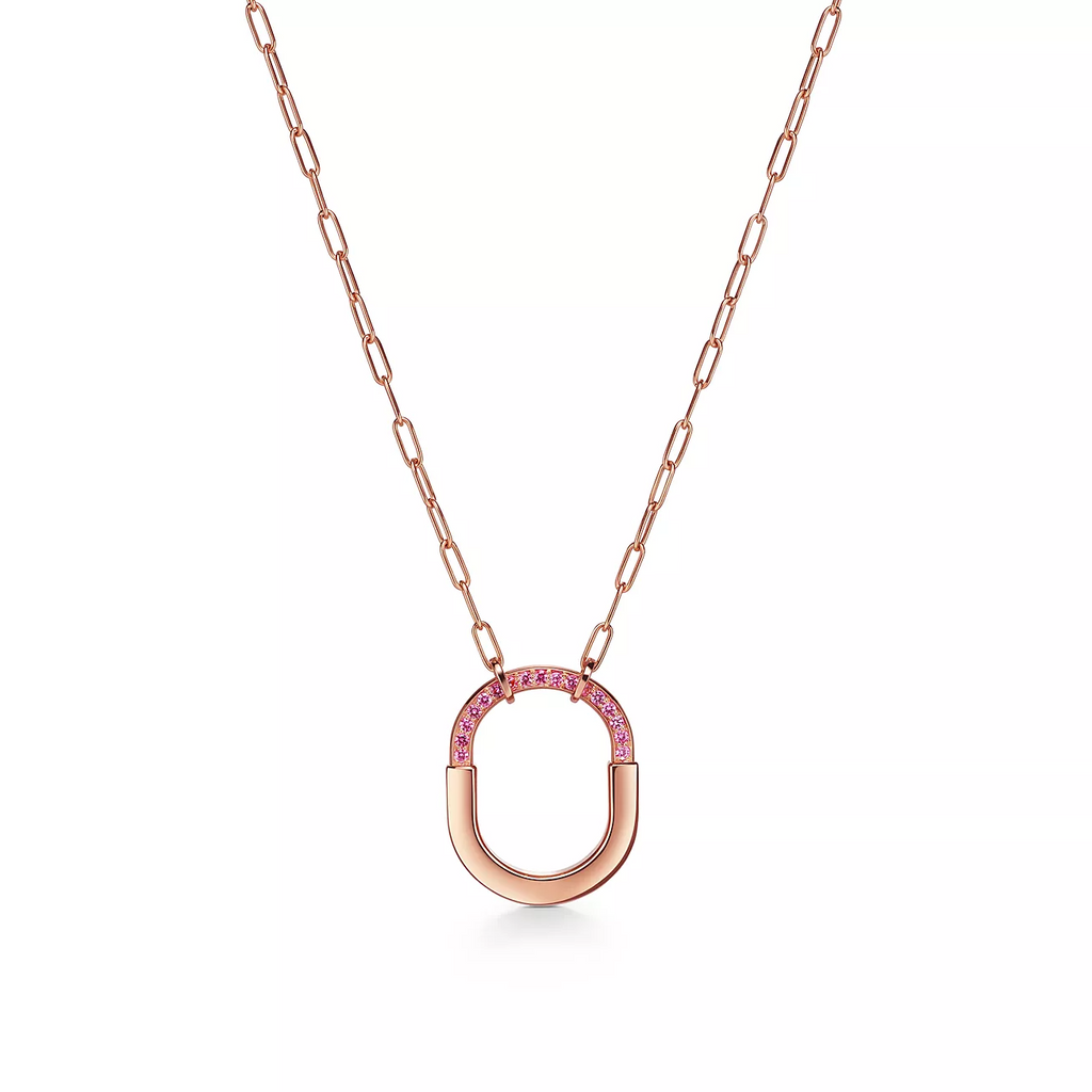 Tiffany Lock Medium Pendant Pink Cubic Zirconia Pink Gold Necklace