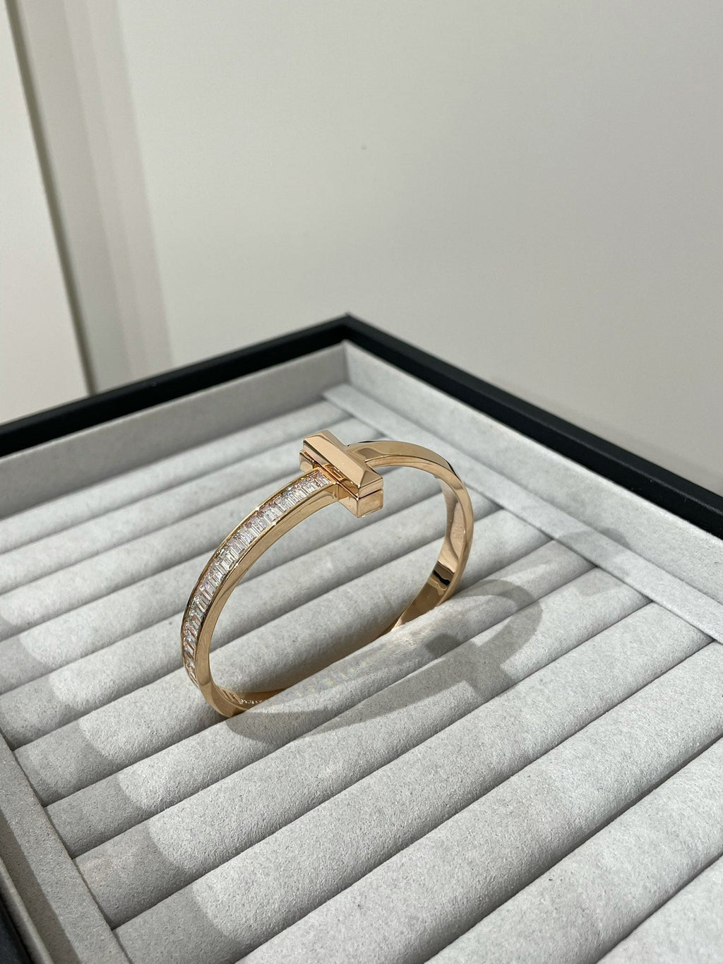 Tiffany Wide Hinged Bangle Pink Gold with Baguette Cubic Zirconia