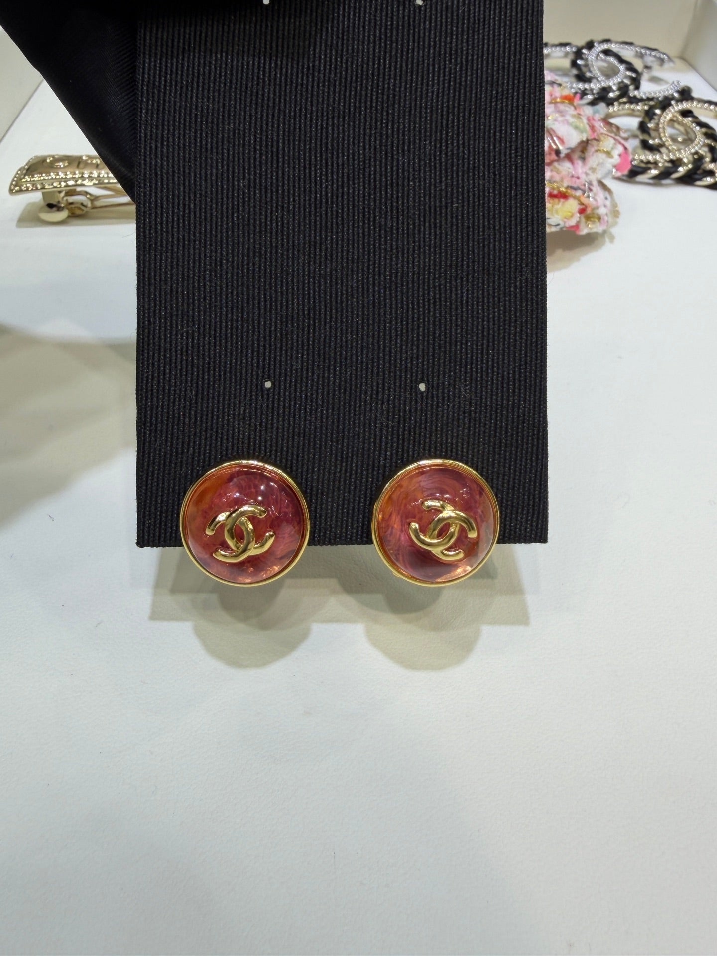 Chanel Gripoix Earrings with Gold Logo and Red Glass Stones