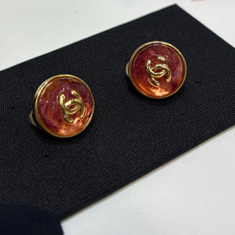 Chanel Gripoix Earrings with Gold Logo and Red Glass Stones