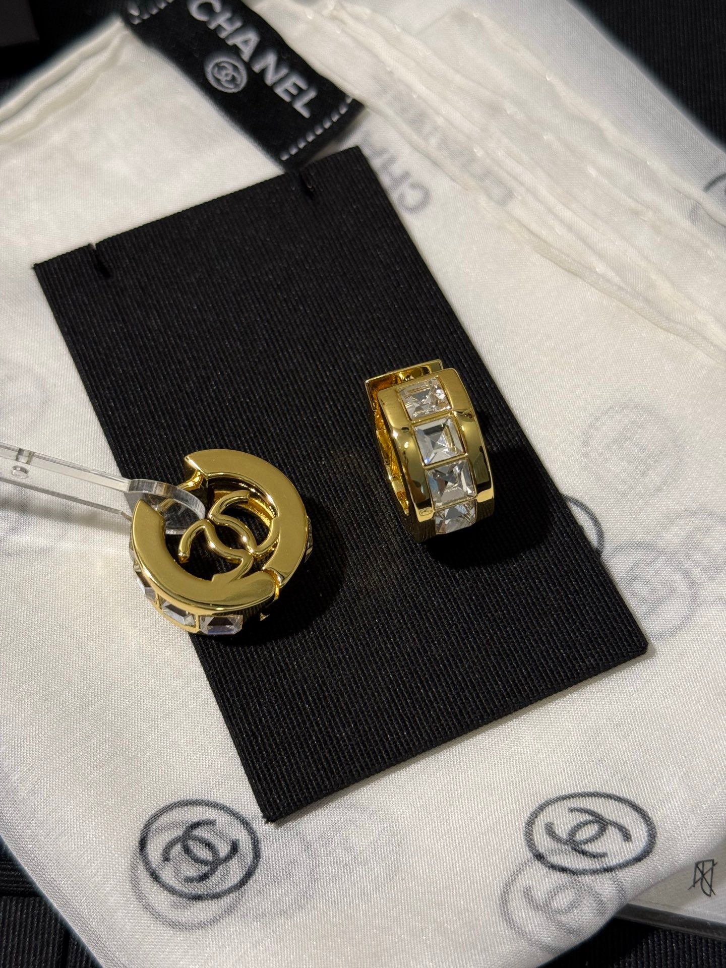 Chanel 2026 White Square Diamond Gold Double C Hoop Stud Earrings
