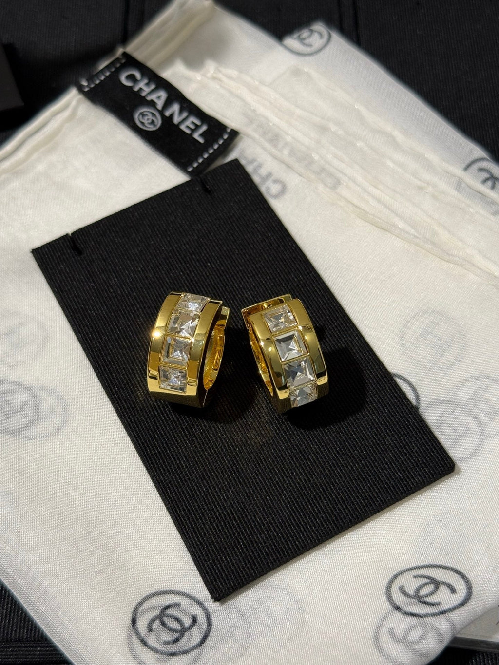 Chanel 2026 White Square Diamond Gold Double C Hoop Stud Earrings
