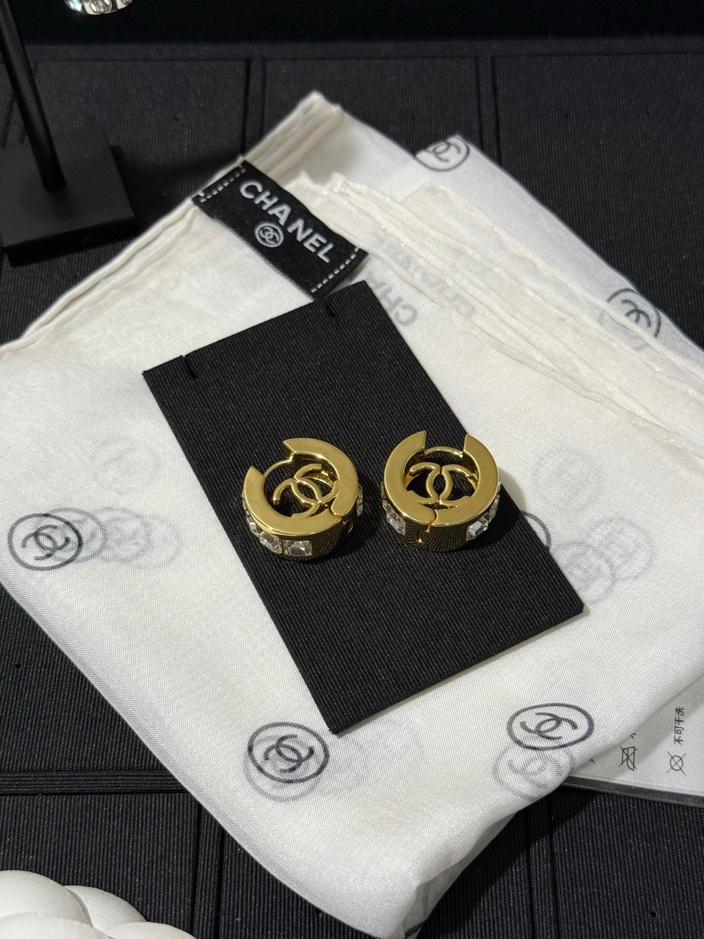 Chanel 2026 White Square Diamond Gold Double C Hoop Stud Earrings