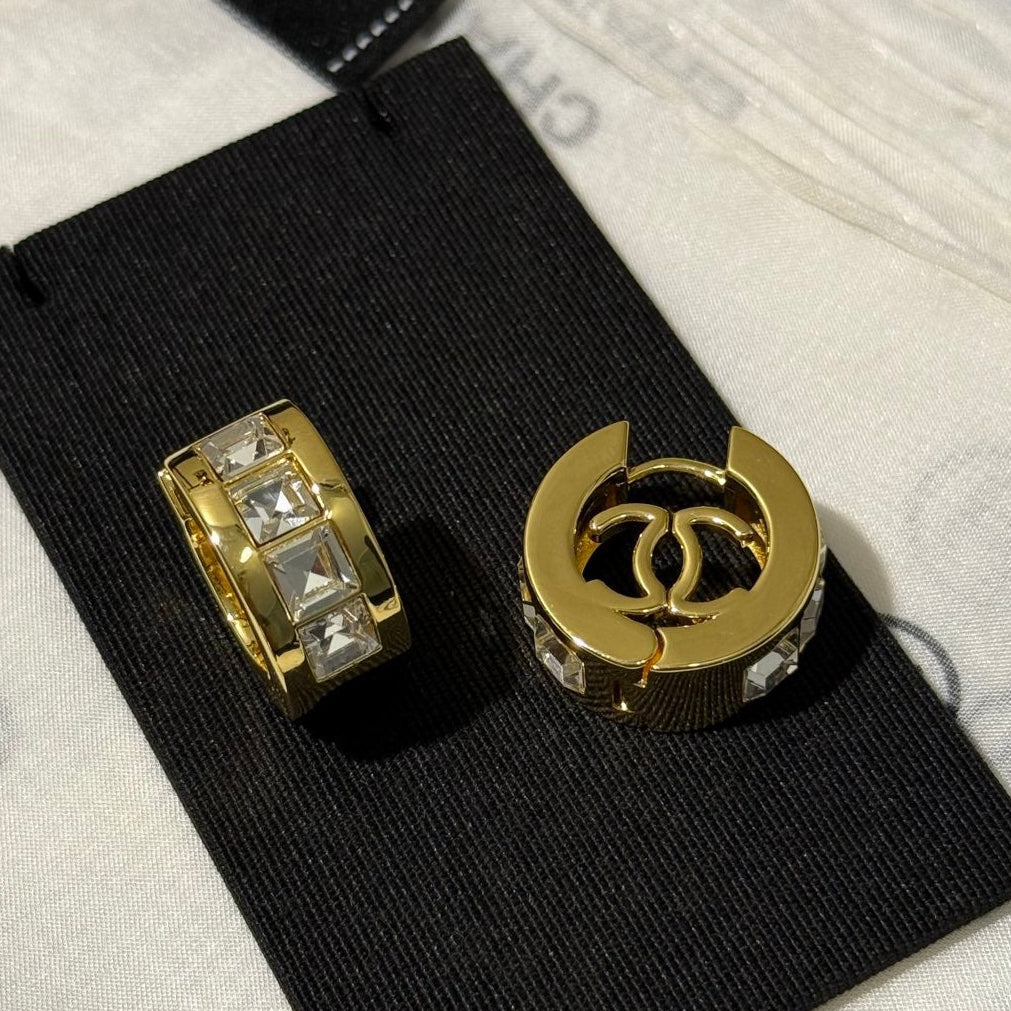 Chanel 2026 White Square Diamond Gold Double C Hoop Stud Earrings